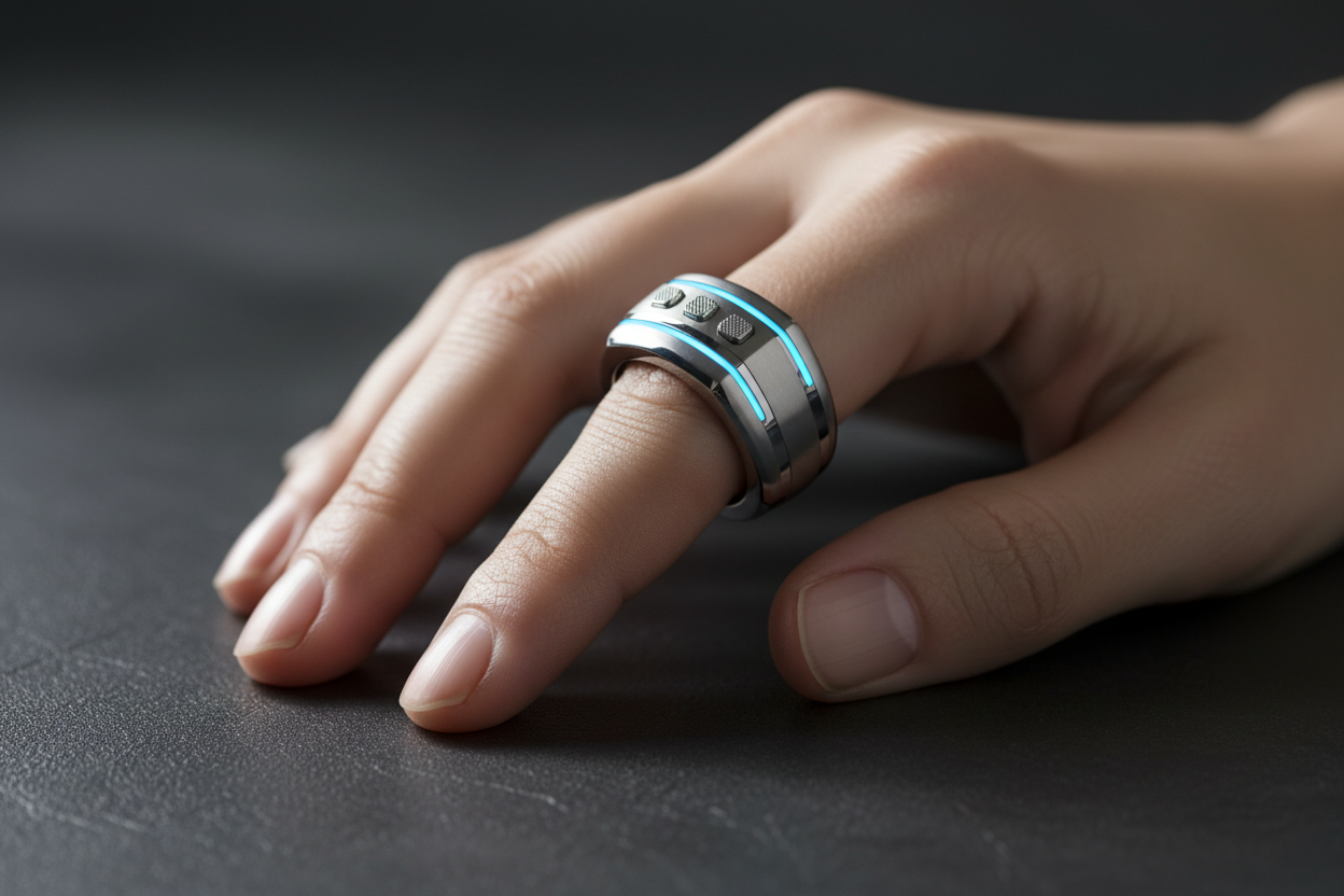 a hand wearing a smart ring that is stylish and trendy it has buttons and looks very techy